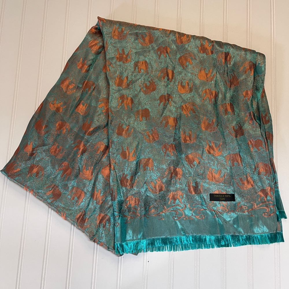 Thai Silk 100% Elephant Scarf Teal Copper Iridescent Jacquard Fringe Wrap - Picture 2 of 7